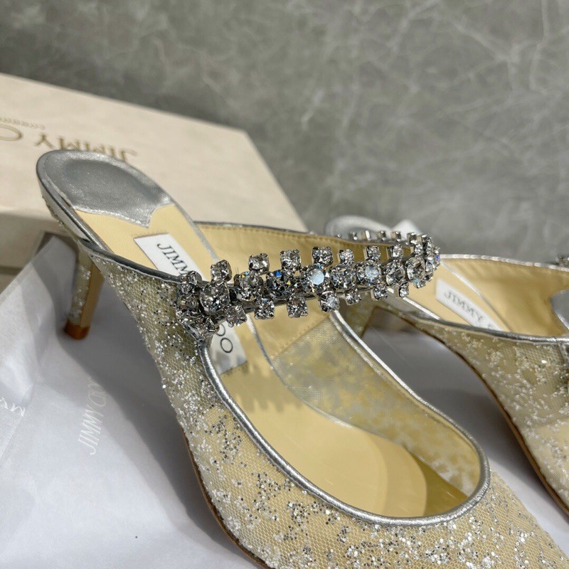 Giày cao gót mũi nhọn hở hậu dây quai đính đá nhỏ jimmy choo