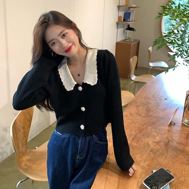 Áo Khoác Cardigan Dệt Kim Dáng Ngắn Cổ Bẻ Phong Cách Thời Trang Pháp