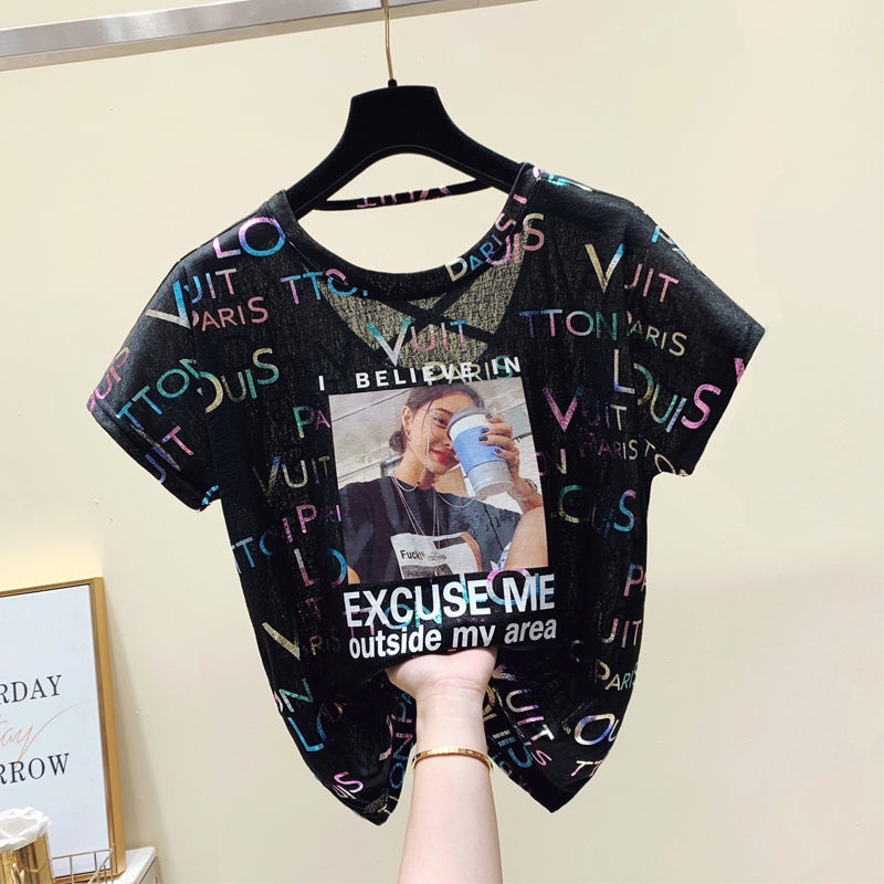 Ice silk short sleeve T-shirt women's clothing 2022 summer new large wide truffle back cross thin heart machine T-Shirt Top