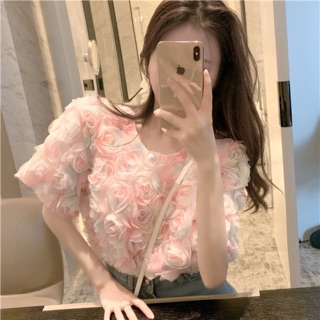 Áo voan hoa hồng in nổi