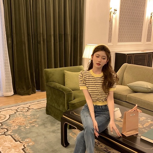 Áo dệt kim ZHELIHANGFEI tay ngắn họa tiết kẻ sọc thời trang cho nữ