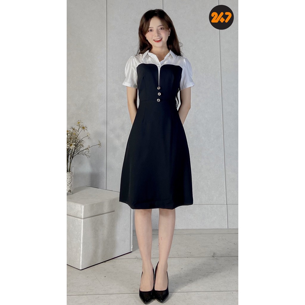 [Mã SKAMSALEP6 giảm 10% tối đa 100K đơn 150K] Đầm nữ công sở xòe kiểu dáng phối màu cổ sơ mi thanh lịch | BigBuy360 - bigbuy360.vn