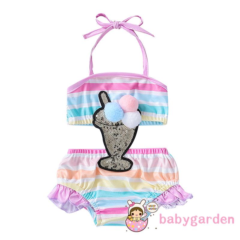 Bộ Đồ Bơi Một Mảnh Cổ Yếm Nhún Bèo Kẻ Sọc Nhiều Màu Đính Kim Sa Lấp Lánh Cho Bé Gái 3-24 Tháng Tuổi