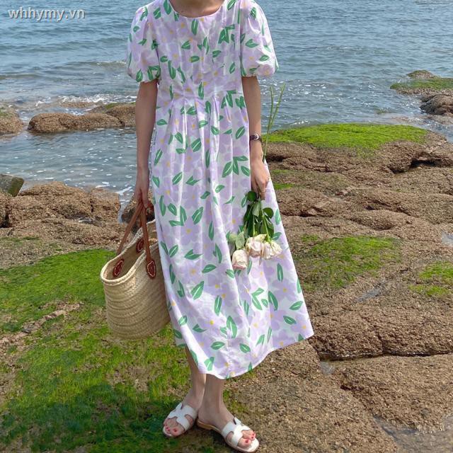 ∏2021 summer new Korean female students loose and thin small flower skirt pleated waistline puff sleeve dress