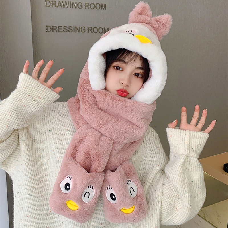 Nón Khăn Choàng Cổ 3 Trong 1 Kèm Găng Tay Giữ Ấm Mùa Đông Kiểu Dáng Hoạt Hình Dễ Thương Dành Cho Nữ