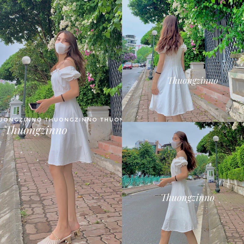 Váy cúc bọc Laly thiết kế trẻ trung mặc được hai kiểu Đầm ulzzang trễ vai