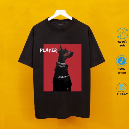 Áo thun tay lỡ , áo phông unisex in phun PLAYER chú chó dễ thương chất cotton mát mịn