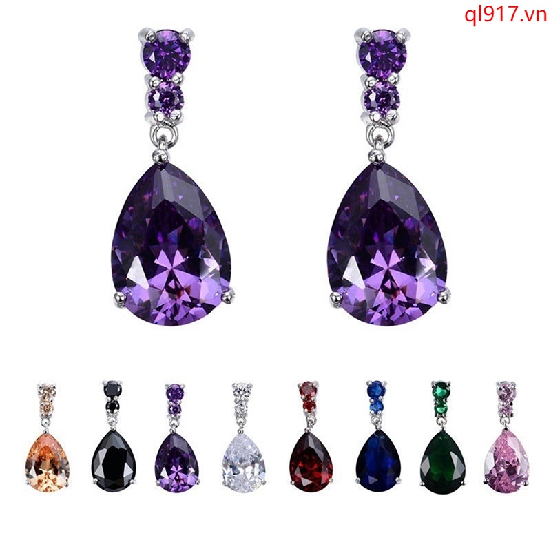 Bông tai mạ bạc 925 hình giọt nước đính đá xinh xắn