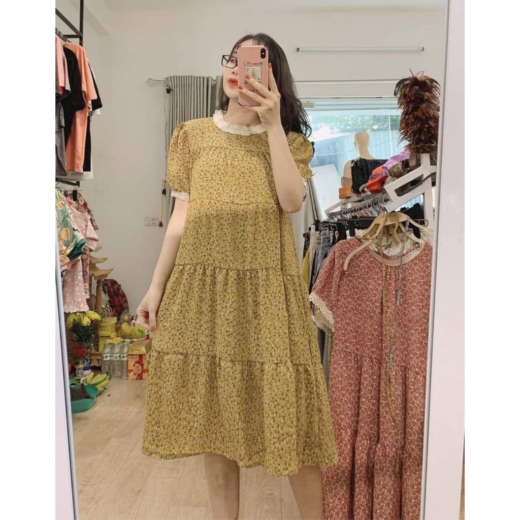 Đầm bầu ngắn tay hoa nhí có dây đai MSP262 chất lụa hoa thời trang thiết kế Mom and Baby
