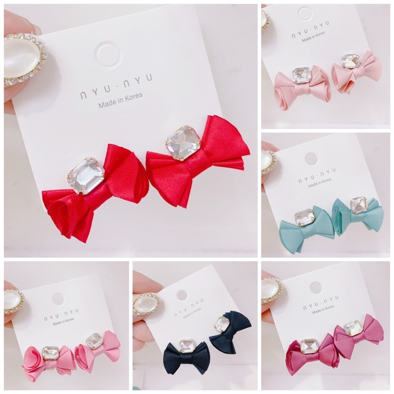 bông tai nơ vải đính đá, khuyên tai ruy băng phong cách hàn quốc