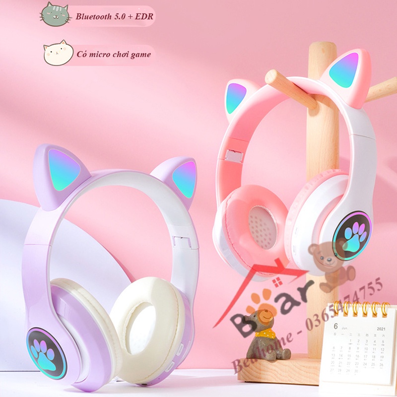 Tai nghe mèo B28 có micro đàm thoại, Học online. Tai nghe bluetooth chụp tai chơi game cao cấp. Headphone livestream