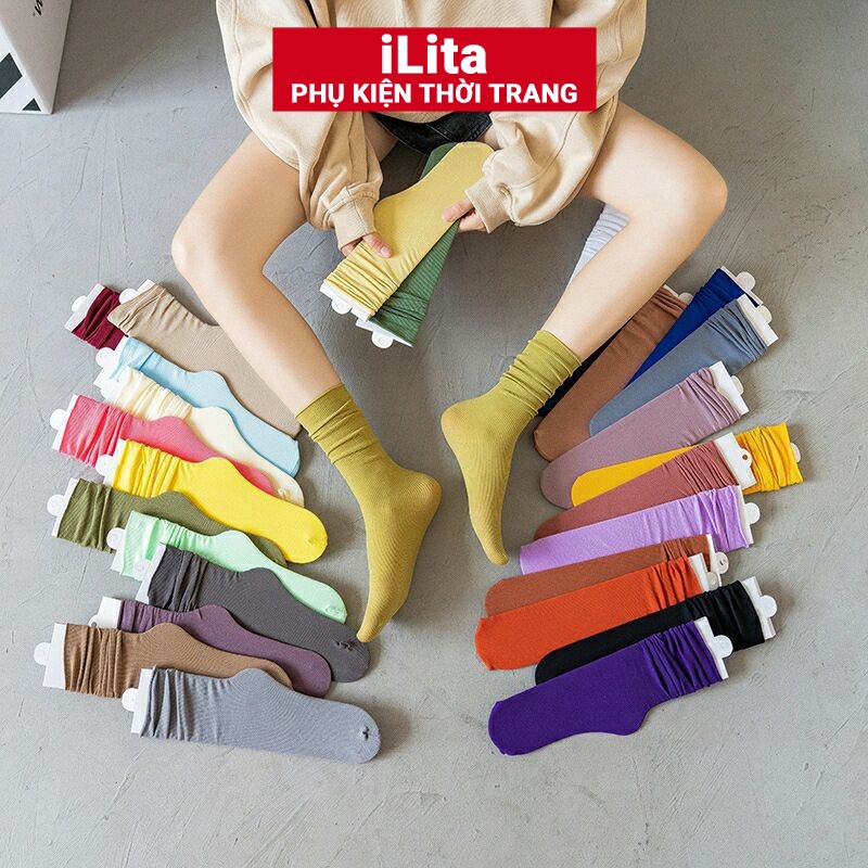 Tất vớ nữ nam cao cổ dài trắng dễ thương hàn quốc đẹp iLita chân thấp nhún đủ màu trơn đen, đỏ, vàng, xám, xanh