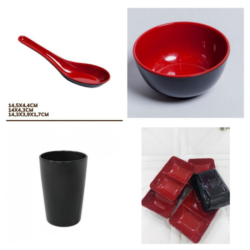Thanh lý bát ăn cơm nhựa đỏ đen, thìa nhựa đỏ đen, đĩa chấm đỏ đen, cốc nhựa đen 350ml