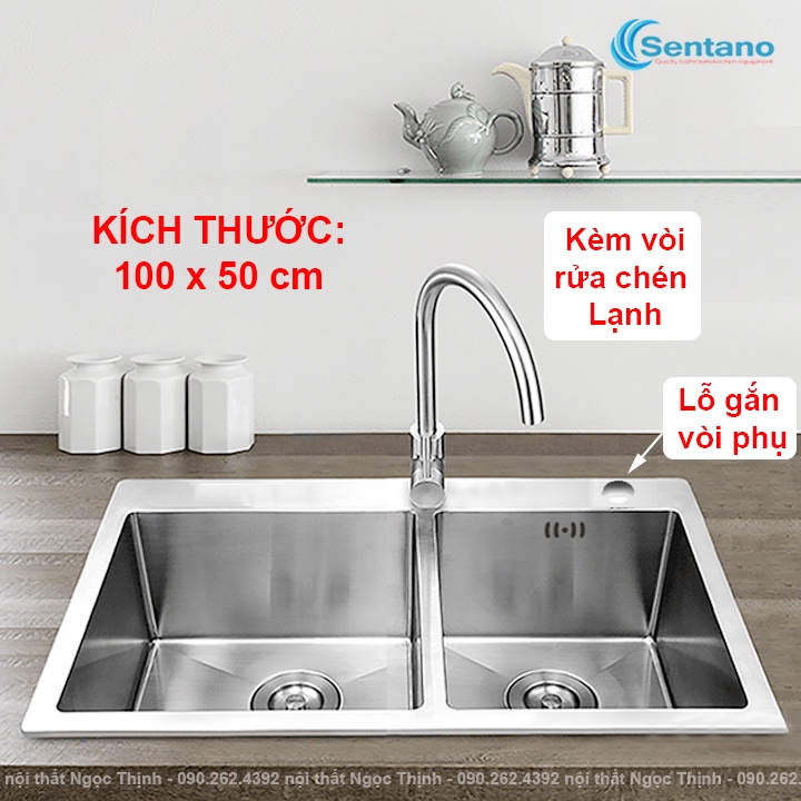 Bồn chậu rửa chén đúc 100x50cm dòng PLUS cao cấp 100% inox 304 có 2 ngăn lớn đều nhau