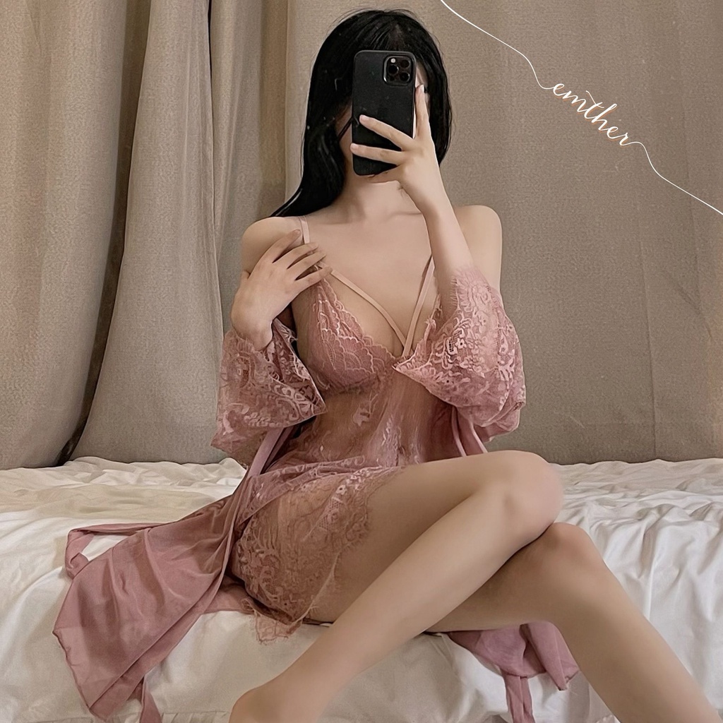 Váy ngủ sexy gợi cảm kèm áo choàng phối ren xuyên thấu Đầm hai dây mặc nhà quyến rũ cho nữ EMTHER - VN39 | BigBuy360 - bigbuy360.vn