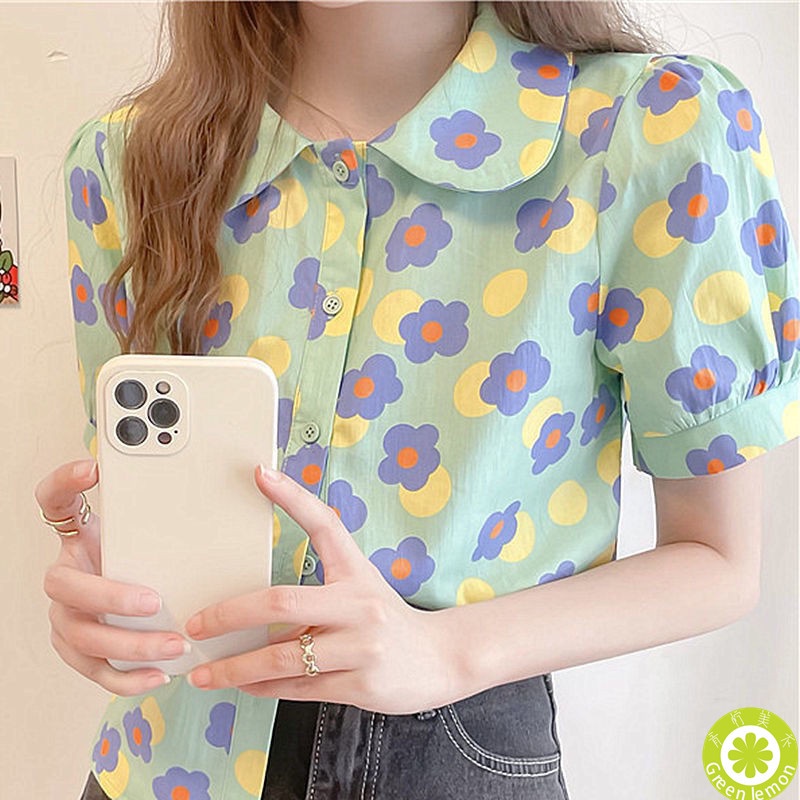Áo sơ mi nữ tay ngắn cổ polo dáng rộng họa tiết hoa thời trang