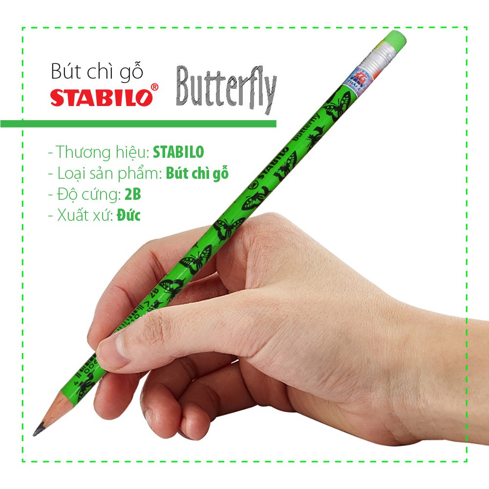 Bộ 10 cây bút chì gỗ STABILO butterfly 2B hình bươm bướm, có đầu tẩy + tẩy ExamGrade ER196E (PC4920-C10+)