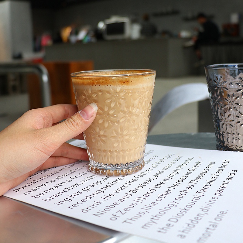 Ly thủy tinh hoa văn nổi phong cách cổ điển, cốc thủy tinh đẹp dùng để uống trà, nước ép, soda, dung tích 350ml-maydecor