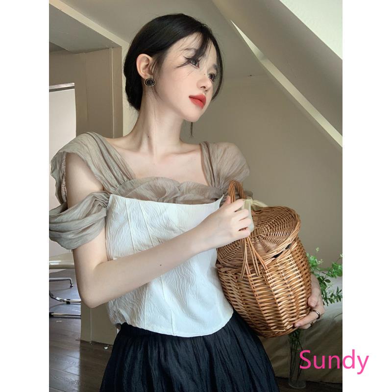 Áo Kiểu Trễ Vai Phối Lưới Thời Trang Mùa Hè Phong Cách Vintage Cho Nữ