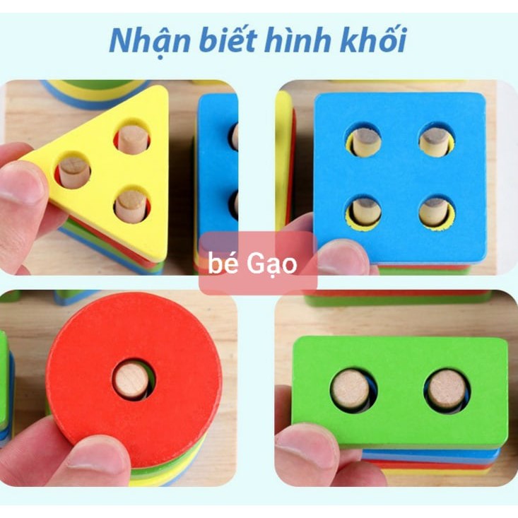 Bộ thả hình khối cột trụ bằng gỗ - Học liệu Montessori - Đồ chơi gỗ - thả hình 4 trụ