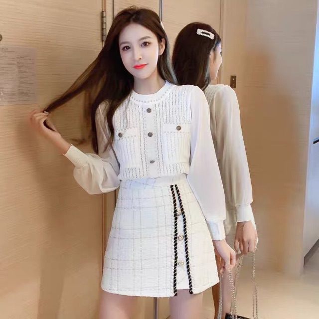 (Ảnh thật) set chân váy dạ tweed và áo len dệt kim viền chỉ phối nút cổ tròn tay dài công sở đi chơi đi học đi làm