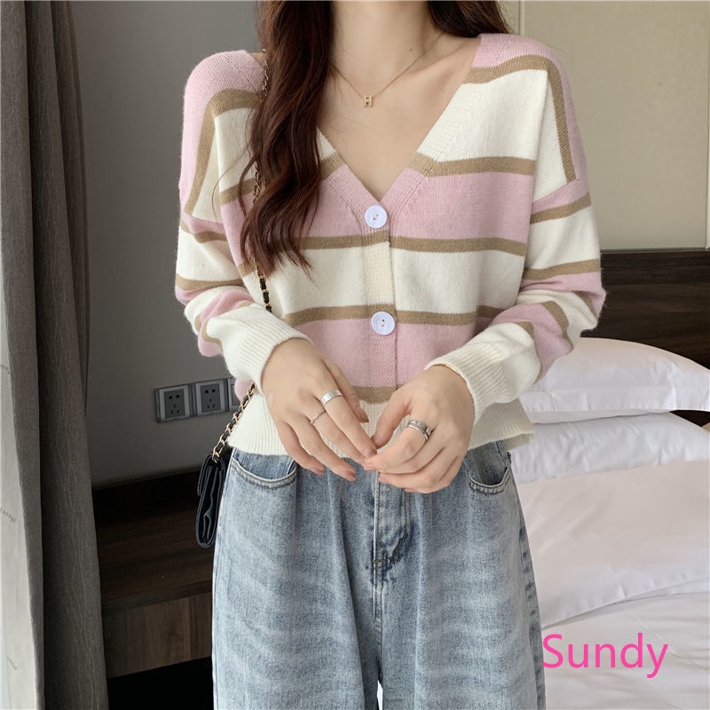 Áo khoác cardigan dệt kim cổ chữ V kẻ sọc phong cách mùa thu cho nữ