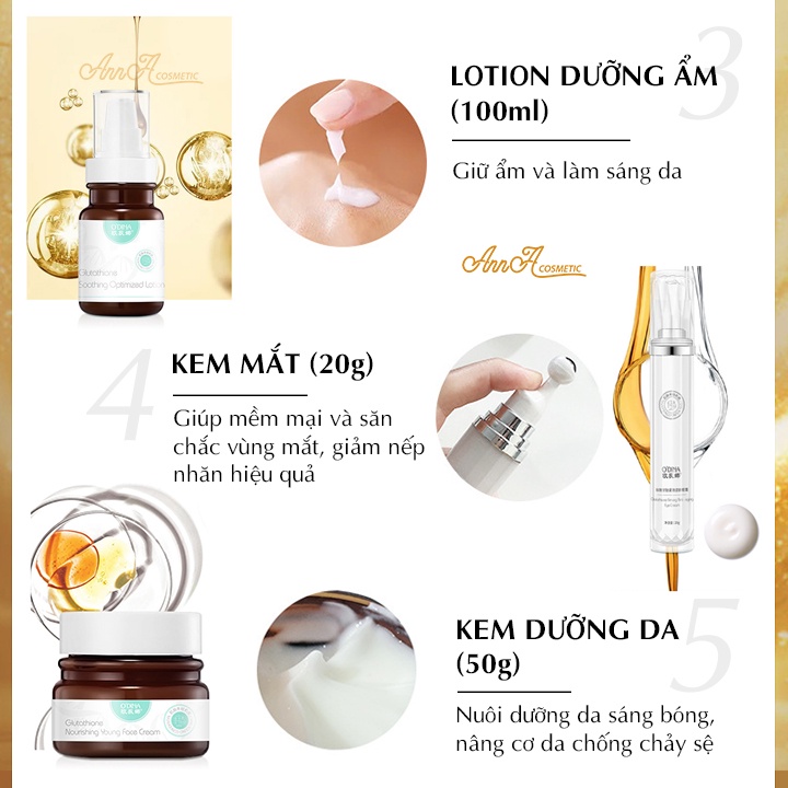 Bộ skincare chăm sóc da mặt dưỡng trắng da glutathione oDINA, bộ mỹ phẩm nội địa trung dưỡng âm chống lão hoá Set 5 Món
