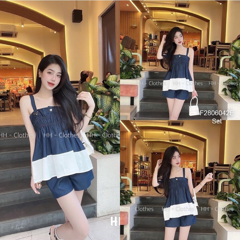 Set bò áo hai dây phối hai màu chun thun ngực kèm quần short TT2806