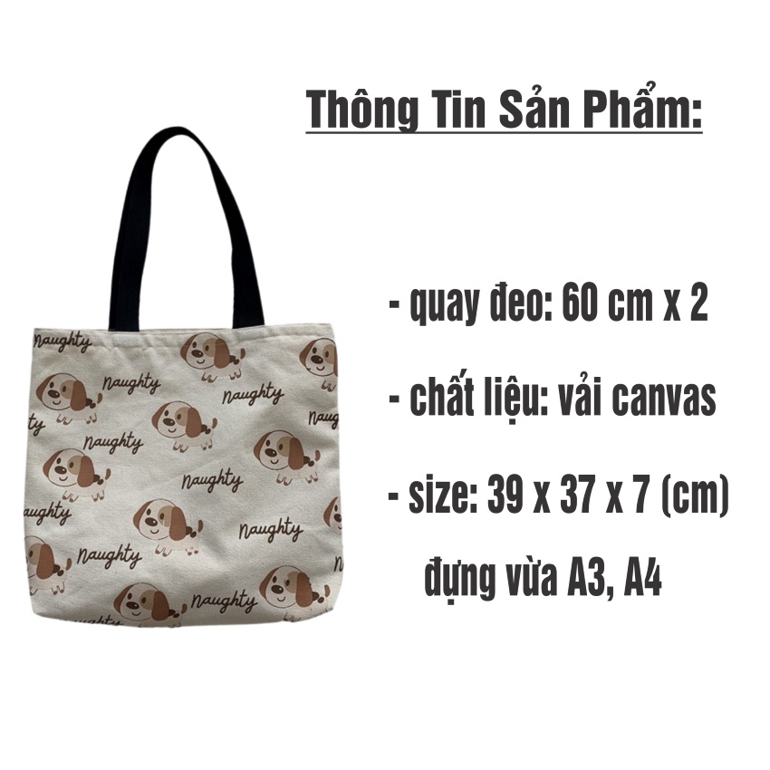 Túi tote , túi vải canvas size A4 in hình cún dễ thương có khóa miệng Hàn Quốc