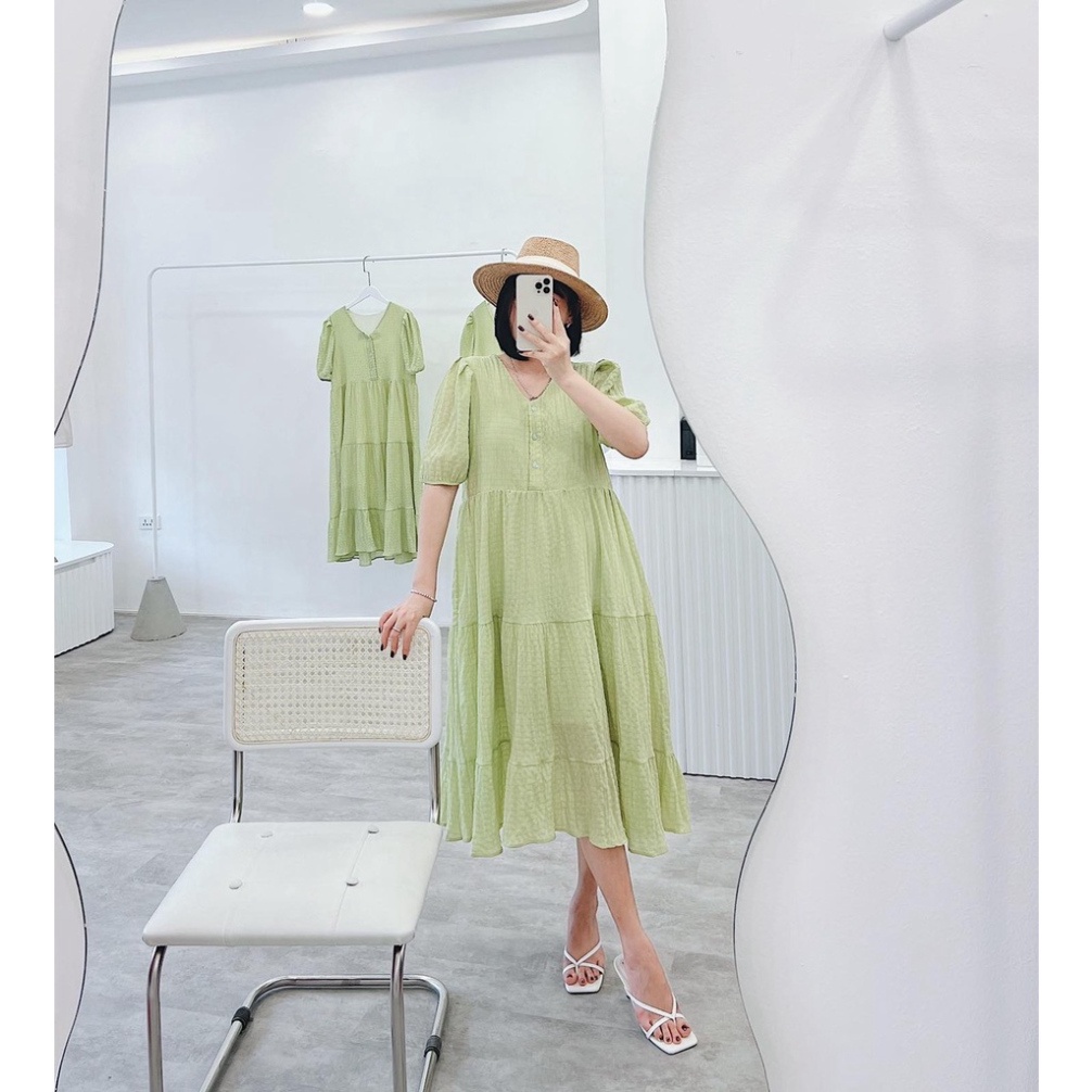 Đầm maxi đũi chun cổ V mở khuy, Váy suông nữ nhiều tầng vải đũi chun co dãn có lớp lót lụa bên trong