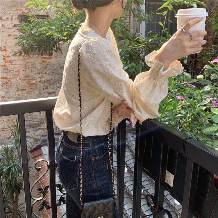 Áo sơ mi tay dài phồng phong cách Hàn Quốc thanh lịch dành cho nữ
