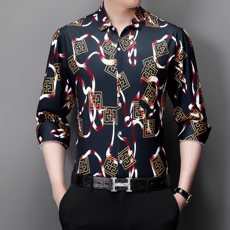 【Non-iron shirt】Men Formal Button Smart Casual Plus Size Long Sleeve Slim Fit New men's long sleeve floral shirt thin middle-aged and elderly business loose large no iron printed shirt fashionable men's floral