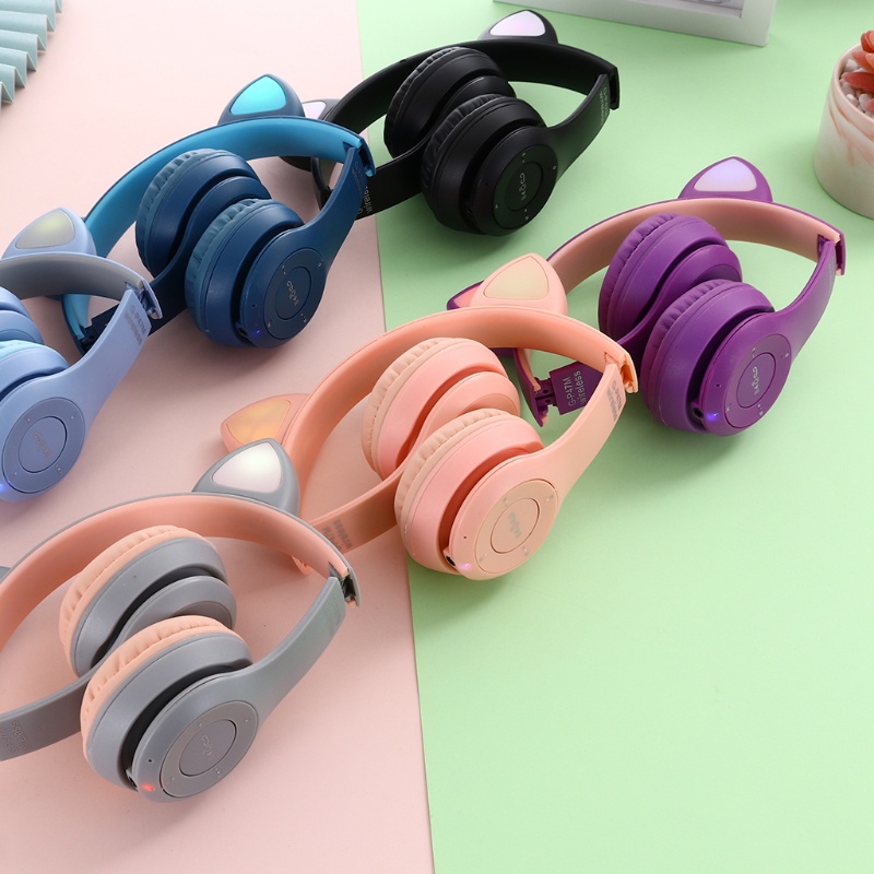 Tai Nghe Chụp Tai Bluetooth P47M Có Đèn LED Hình Tai Mèo Dễ Thương