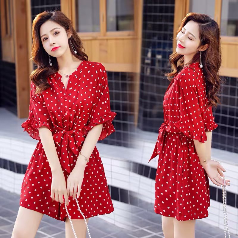 Jumpsuit Ngắn ❤️FREESHIP❤️ Chấm Bi Thắt Nơ Tay Loe