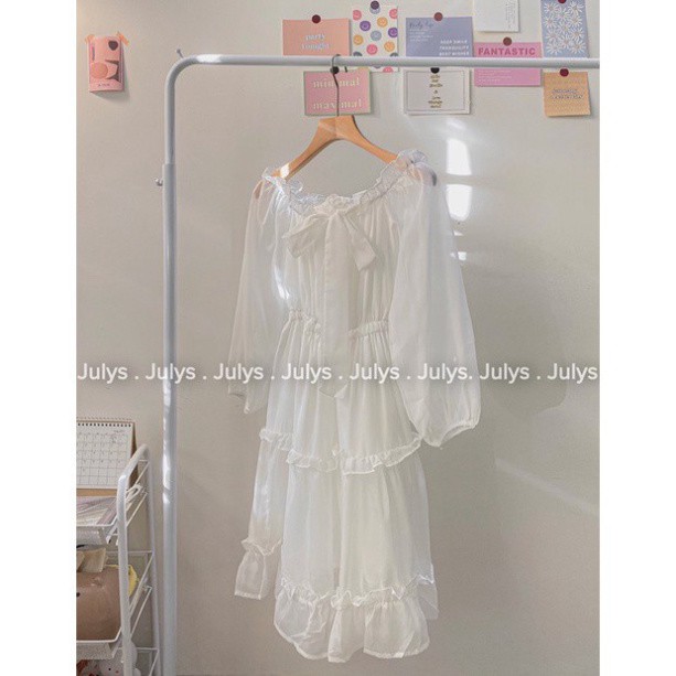 váy trễ vai trắng tay bồng dáng dài, đầm trễ vai tiểu thư dự tiệc năng động cho bán gái, chất đẹp rẻ