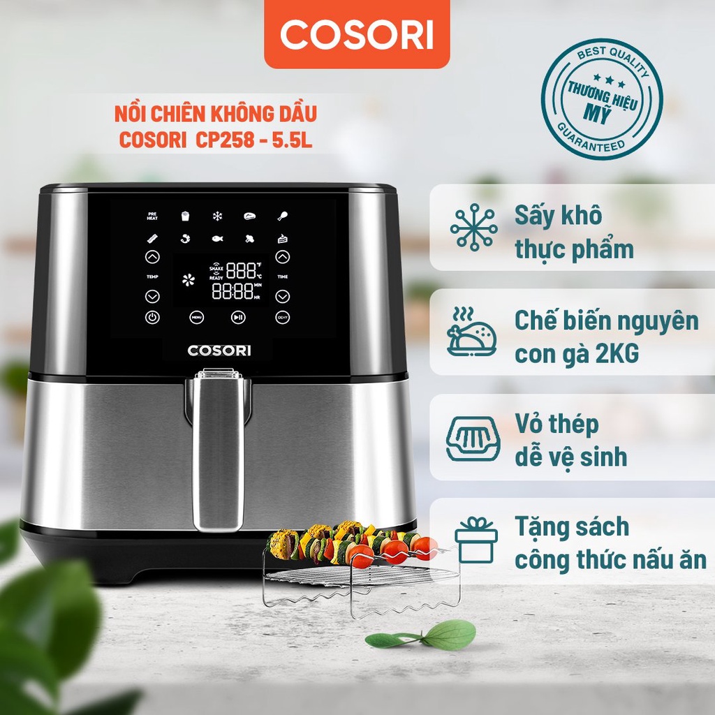 Nồi chiên không dầu điện tử Cosori CP258- AF-RAM (5,5 lít) vỏ thép - Chính hãng bảo hành 2 năm