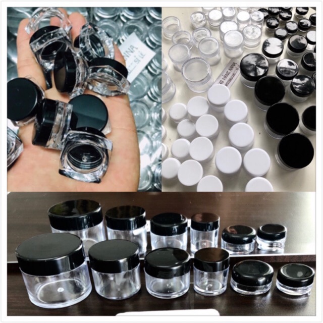 Vỉ 100 hủ nhựa cứng nhỏ trong suốt nắp đen 3gr/ 5gr/ 10gr   - Hủ Nhựa Vuông- combo 100 hủ kiếng nắp đen nhỏ- hủ mỹ phẩm