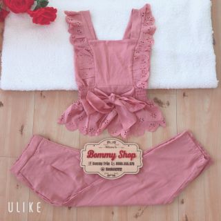 Sét áo cổ vuông tay cánh tiên cắt laze eo nhúng cột nơ phối quần dài Cao Cấp