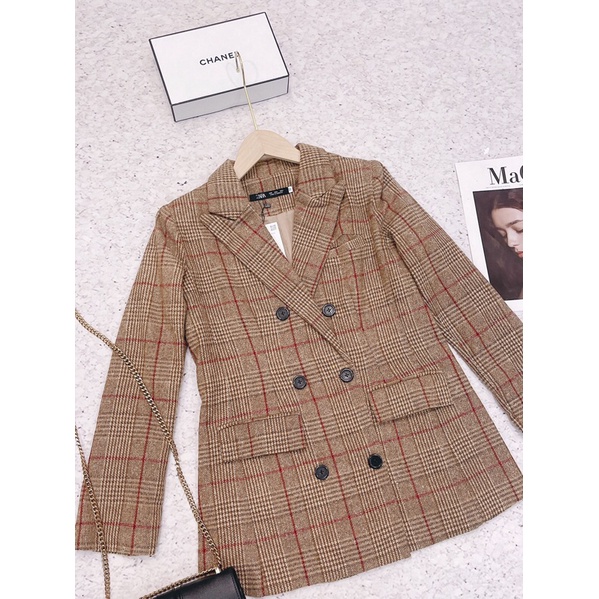 ÁO BLAZER DẠ KẺ NÂU TÂY 2 LỚP DÀY ÊM TAY