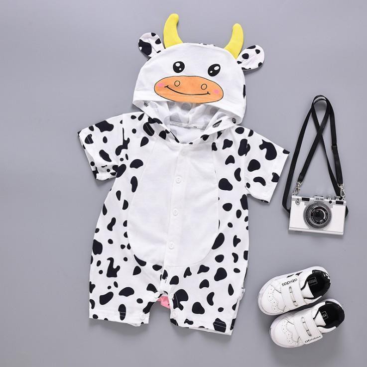 Bộ liền sơ sinh có mũ áo liền quần set body đùi bé trai bé gái từ 0-12 tháng mùa hè cotton hình thú động vật bò hổ mèo