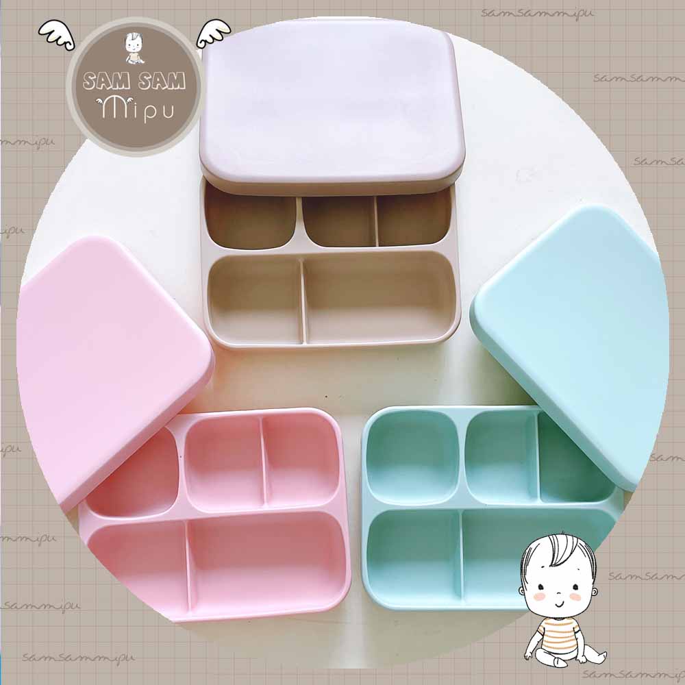 Ảnh Thật Khay Ăn Dặm Silicon Cấp Thực Phẩm BPA Free Hình Chữ Nhật Có Nắp Cho Bé Từ 6m - Shop Mẹ Sam