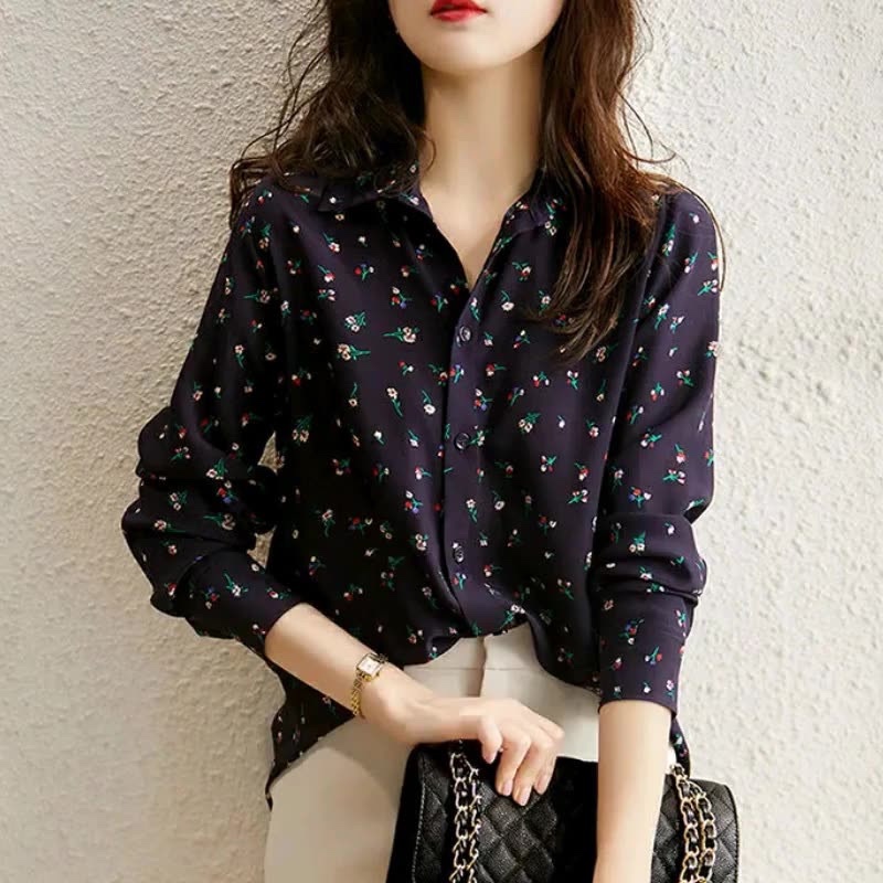 Linki ✻ Áo Sơ Mi Nữ Tay Dài In Họa Tiết Hoa Phong Cách Retro Thời Trang