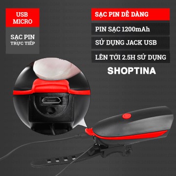 Đèn LED Xe Đạp Siêu Sáng + Còi ( Pin Sạc - Có Bảo Hành )