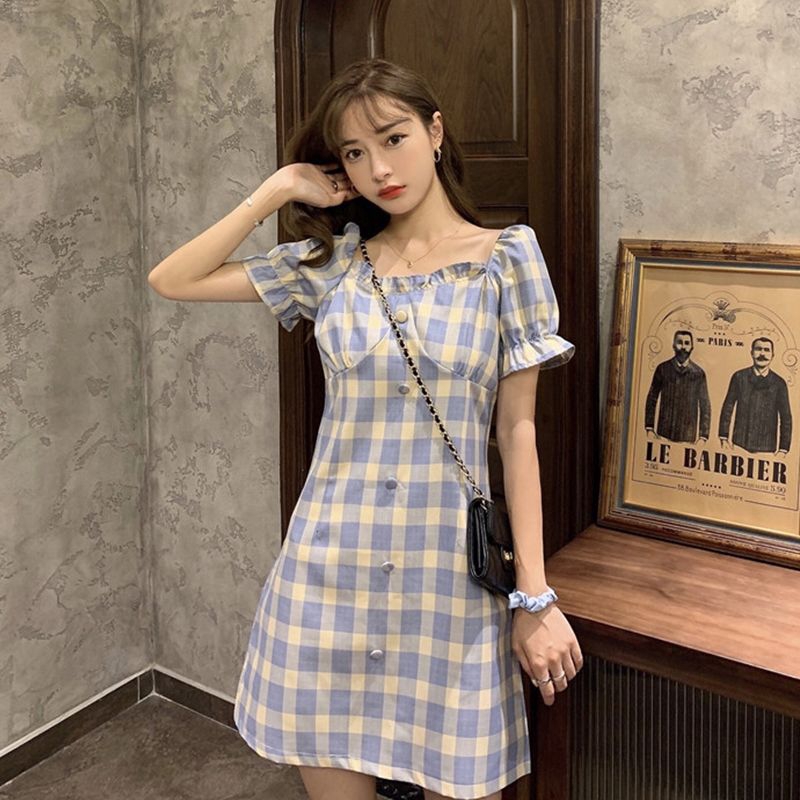 Đầm chữ A tay phồng họa tiết sọc caro phong cách Hàn Quốc đáng yêu cho nữ | BigBuy360 - bigbuy360.vn