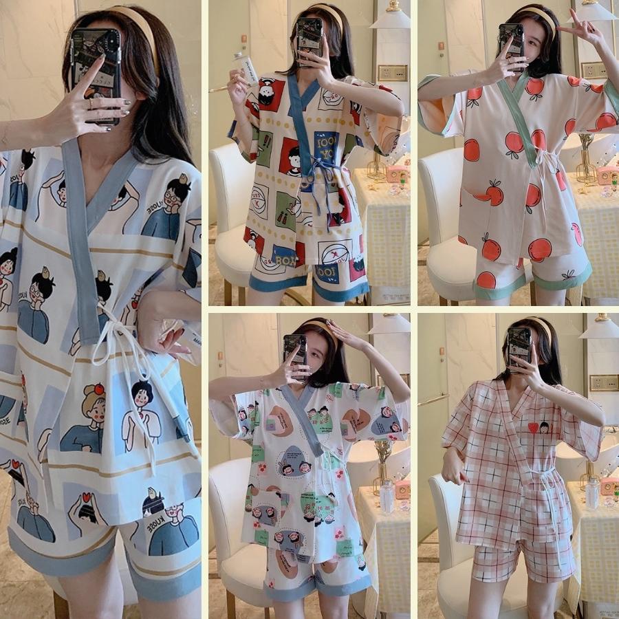 Bộ pijama nữ kèm quần đùi hoạt hình dễ thương có dây buộc - bộ ngủ nữ kimono mặc ở nhà