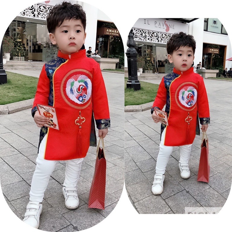 ÁO DÀI BÉ TRAI CỔ TÀU THÊU CÔNG - 4 HOẠ TIẾT