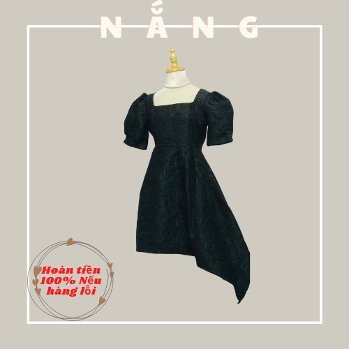 Đầm tơ xốp xoè dành cho nữ, Đầm nữ chất tơ xốp tay phồng ngắn màu đen