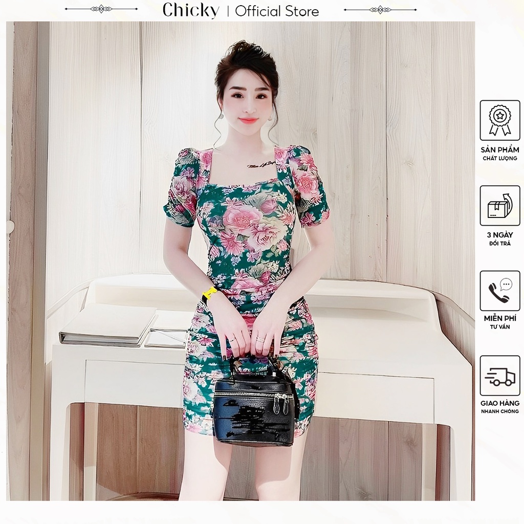 váy đầm nữ đầm body nhún cổ vuông họa tiết hoa sang chảnh(có mút)
