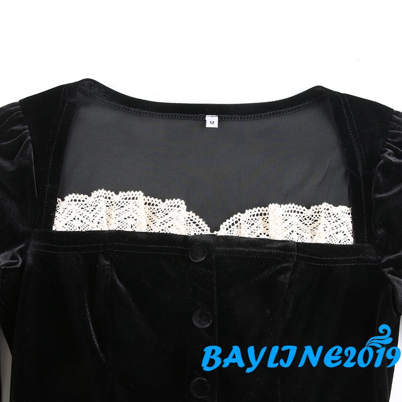 Đầm tay dài cổ vuông dáng chữ A màu đen phối ren thời trang cho nữ