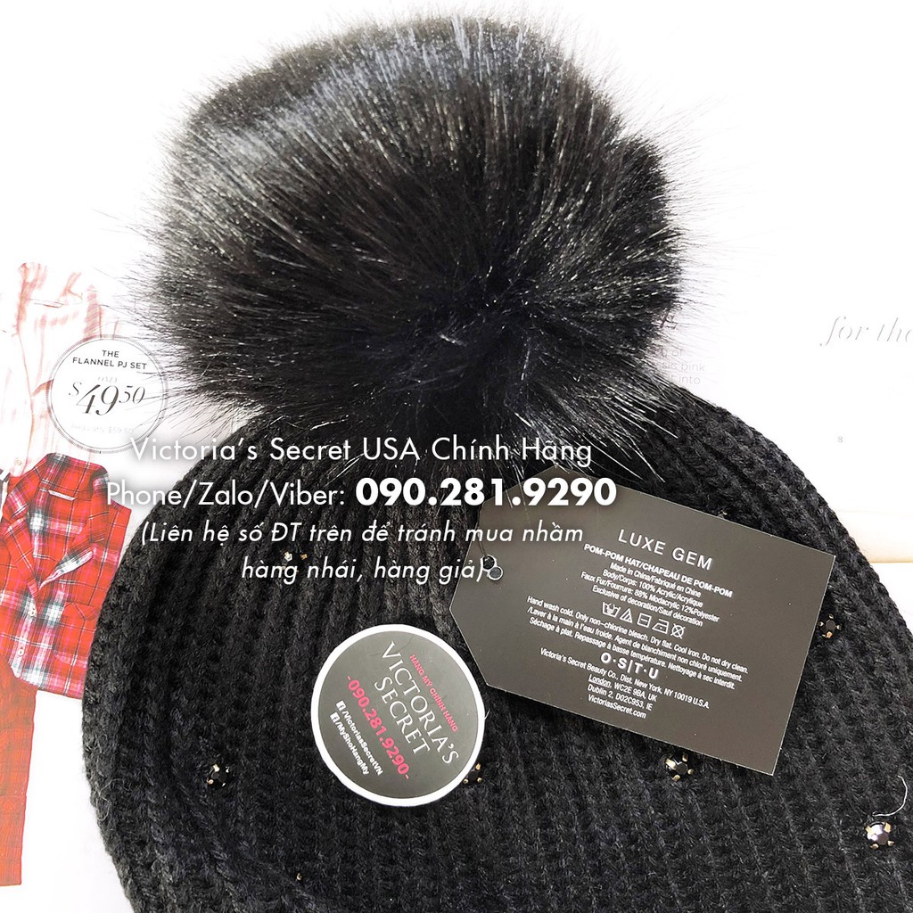 (56) Mũ len đen phối tiêu thời trang, phong cách Mỹ - Hàng nhập Victoria's Secret USA